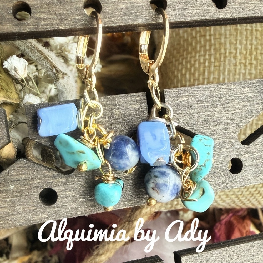 Angelite Turquoise and lapis gold charms hoops Earrings
